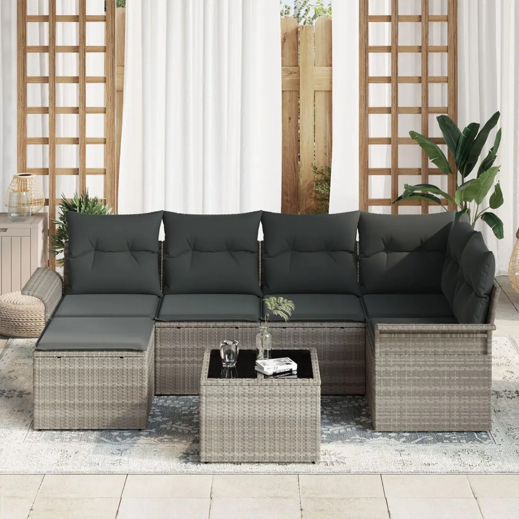 7 Részes Kert Kanapé Szett Párnákkal Szürke Poly Rattan, 2-Fős Kert Kanapé Tárolóval és Párnákkal Világosszürke Poly Rattan