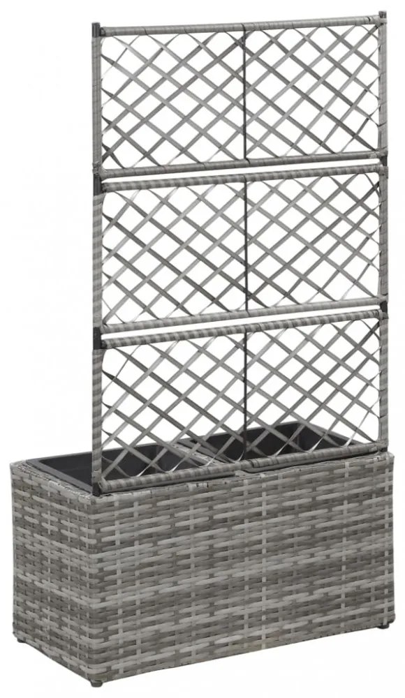 szürke rácsos polyrattan magaságyás 2 kaspóval 58 x 30 x 107 cm