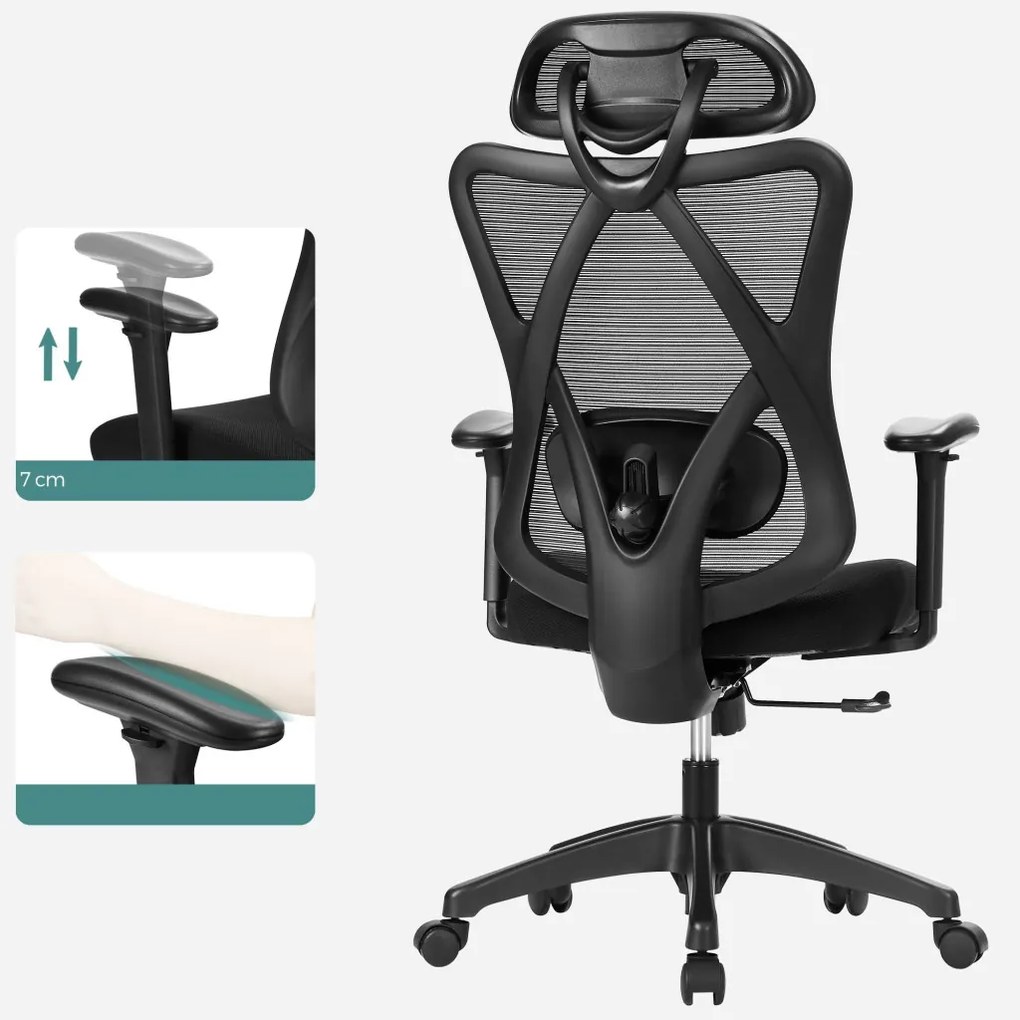 Irodai ergonomikus szék, állítható deréktámasszal és fejtámlával, fekete