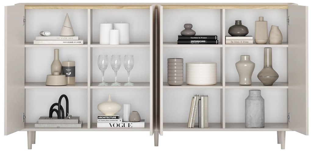 Elivo komód 200 cm négyajtós lábakon - kasmír / olajozott tölgy