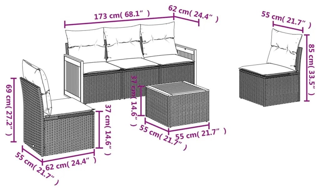 6 részes fekete polyrattan kerti ülőgarnitúra párnákkal