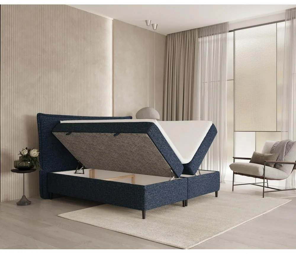 Sötétkék ágyneműtartós boxspring ágy 200x200 cm Sinai – Maison de Rêve