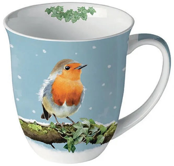 Karácsonyi porcelán bögre 400 ml vörösbegy faágon Robin on branch