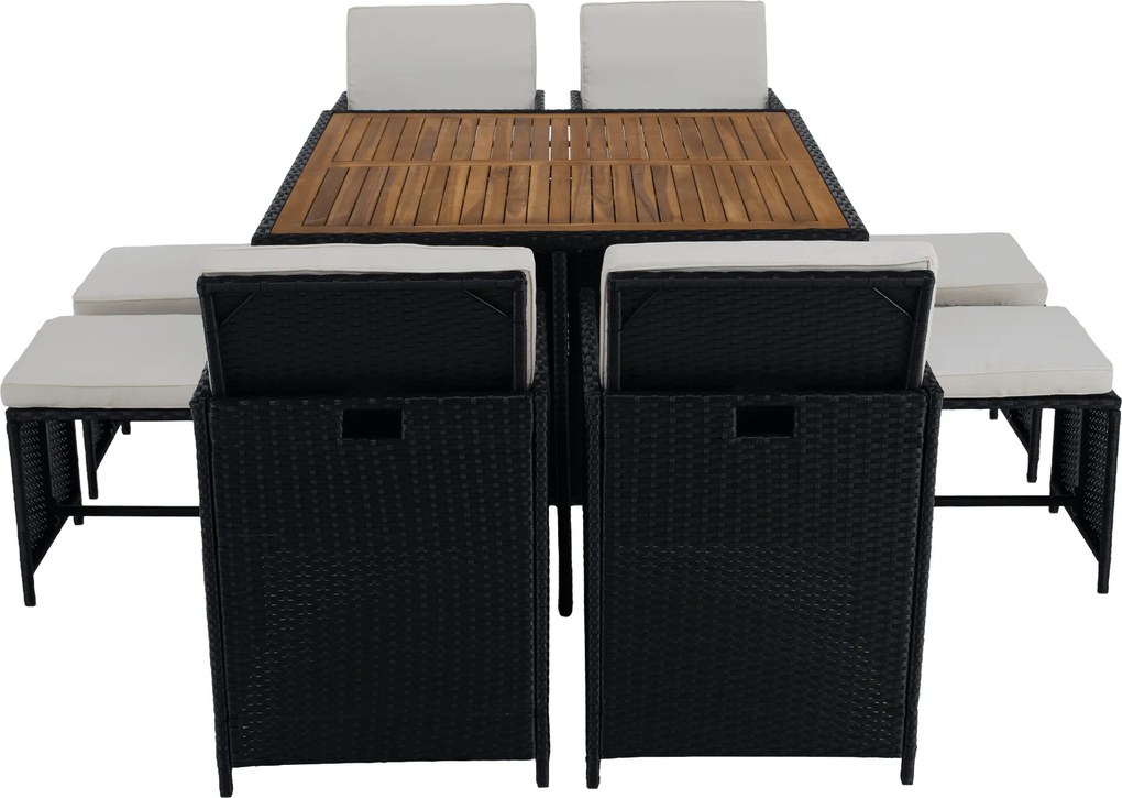 Kerti rattan szett, akácfa, fekete/krémszínű/természetes, MELFORD