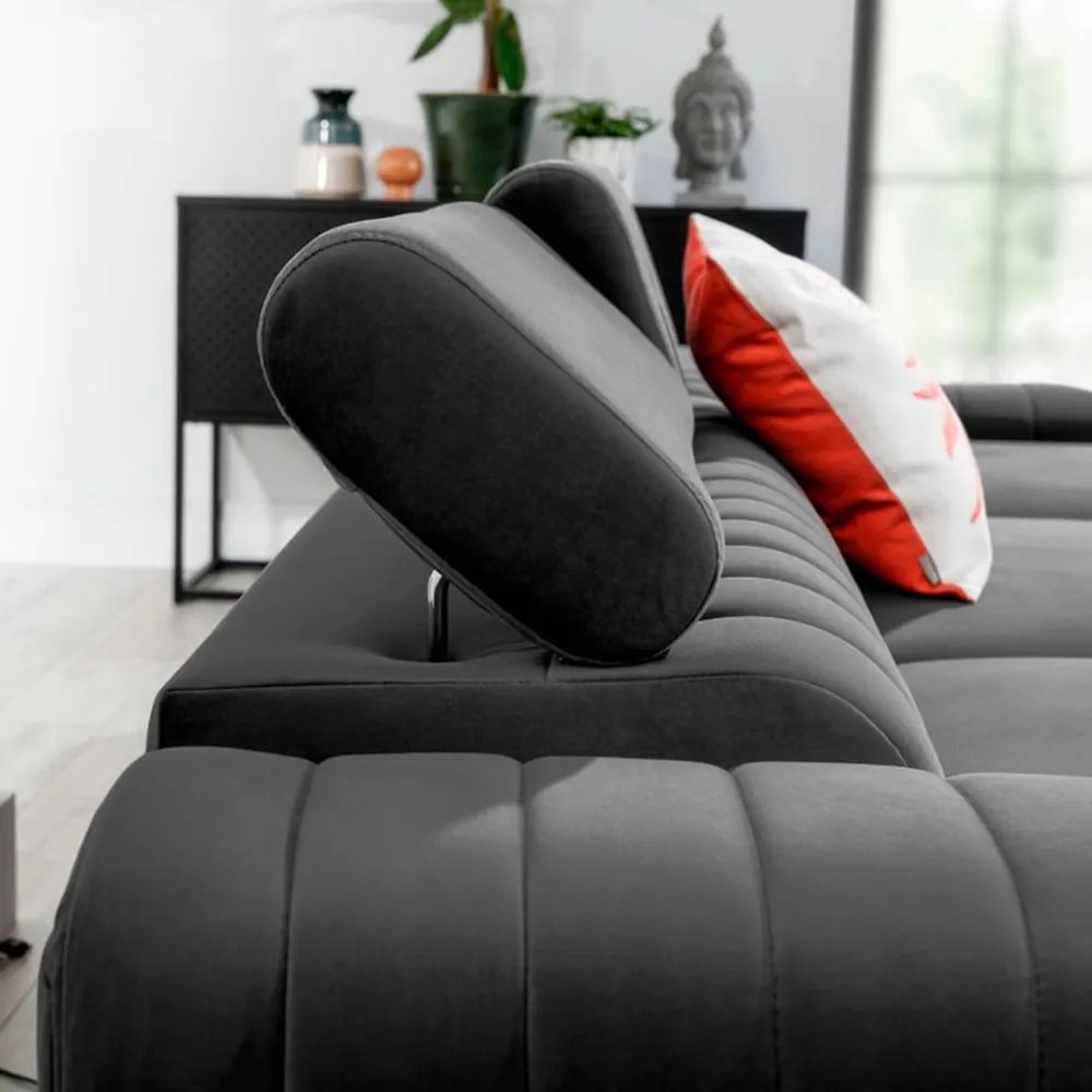 Sötétszürke bársony kinyitható-tárolóhelyes sarokkanapé (jobb oldali-heverő résszel) Grayson – ELTAP