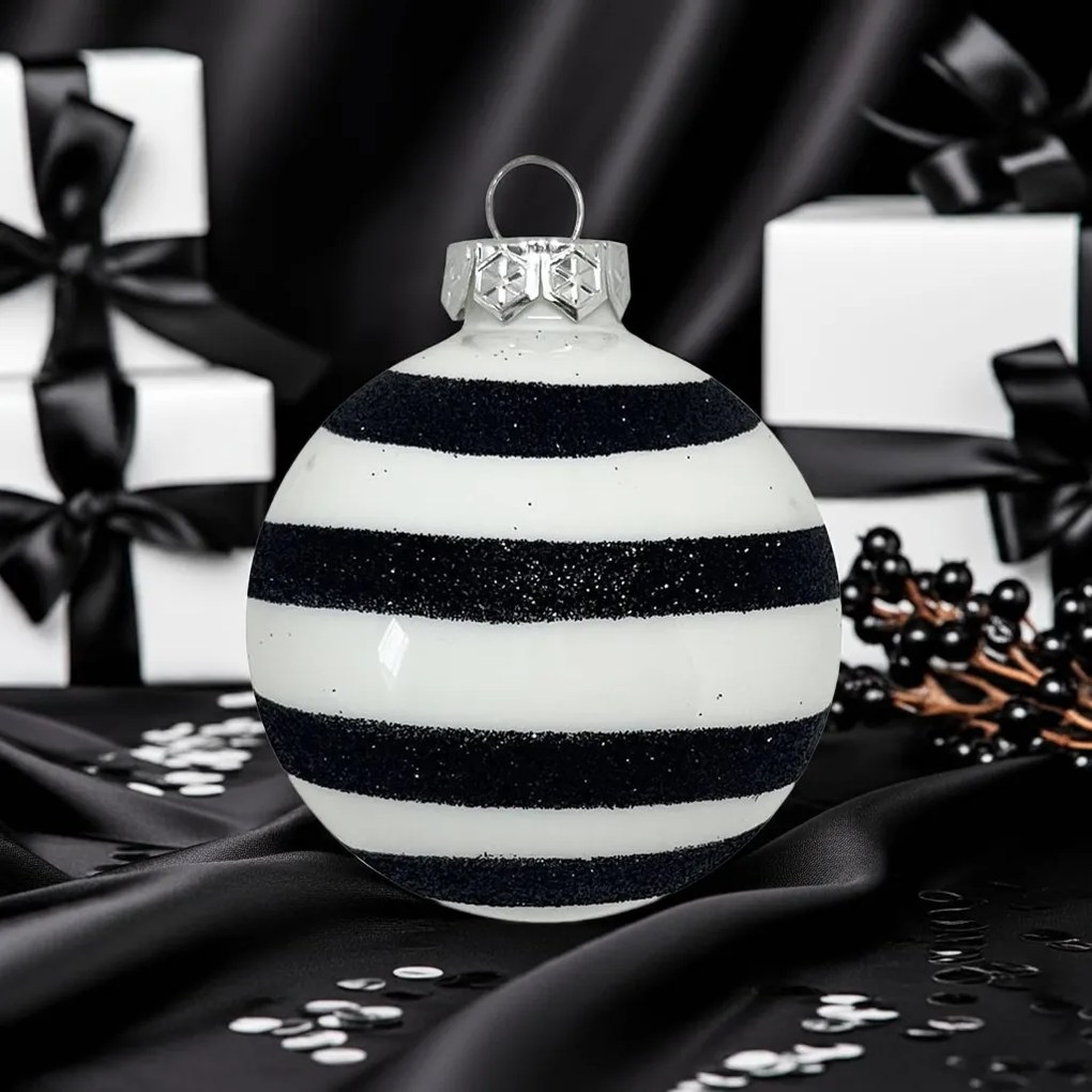 Black Glitter Stripe kézzel festett fehér-fekete üveg karácsonyi gömb szett 6*7cm