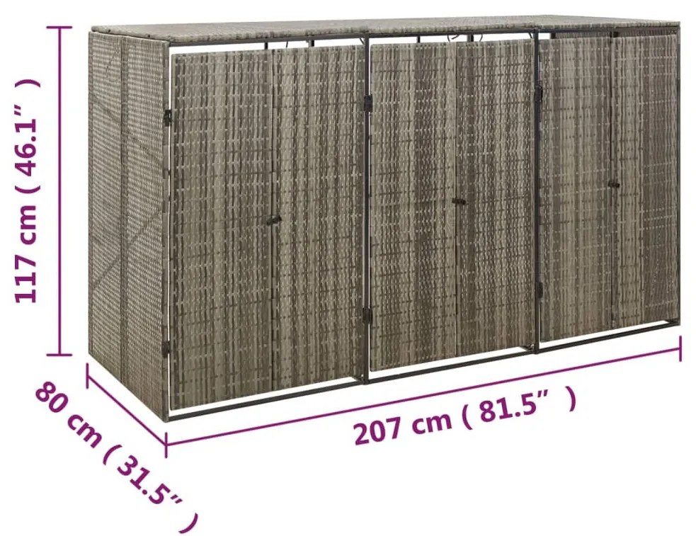 szürke polyrattan hármas kerekeskuka tárolófészer 207x80x117 cm