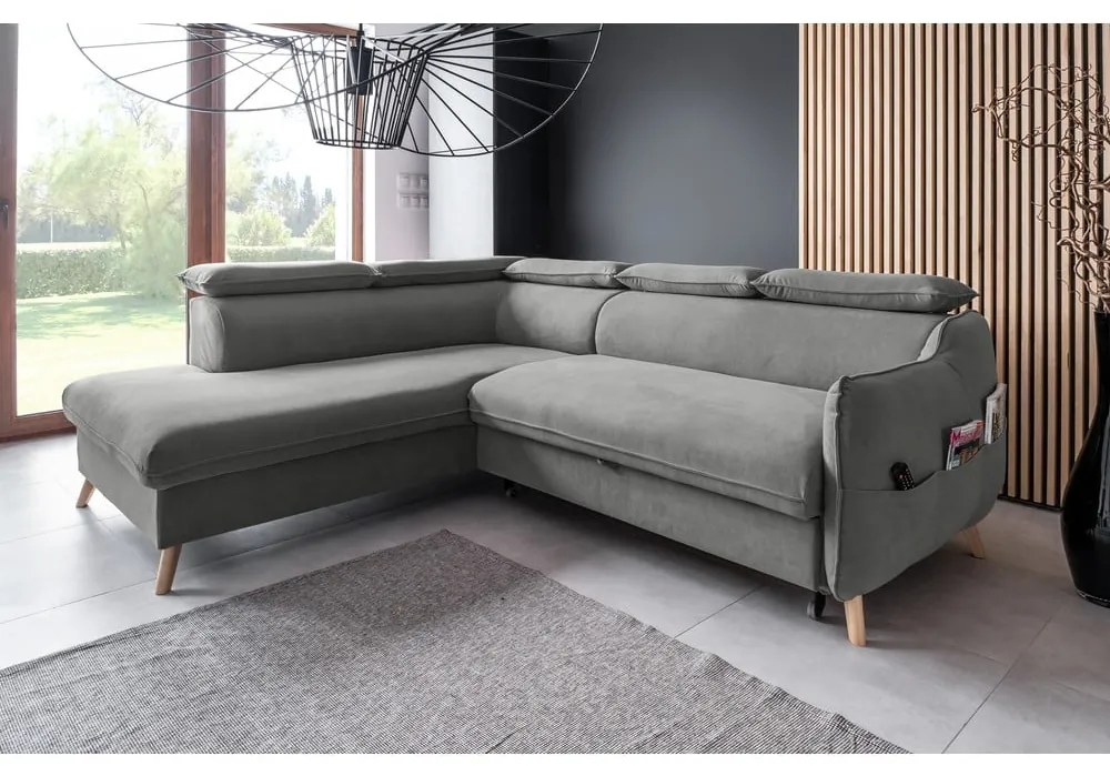 Világosszürke bársony kinyitható sarokkanapé (bal oldali) Sweet Harmony – Miuform