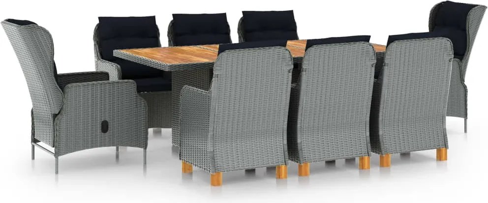 vidaXL 9 részes világosszürke polyrattan kültéri étkezőszett párnákkal