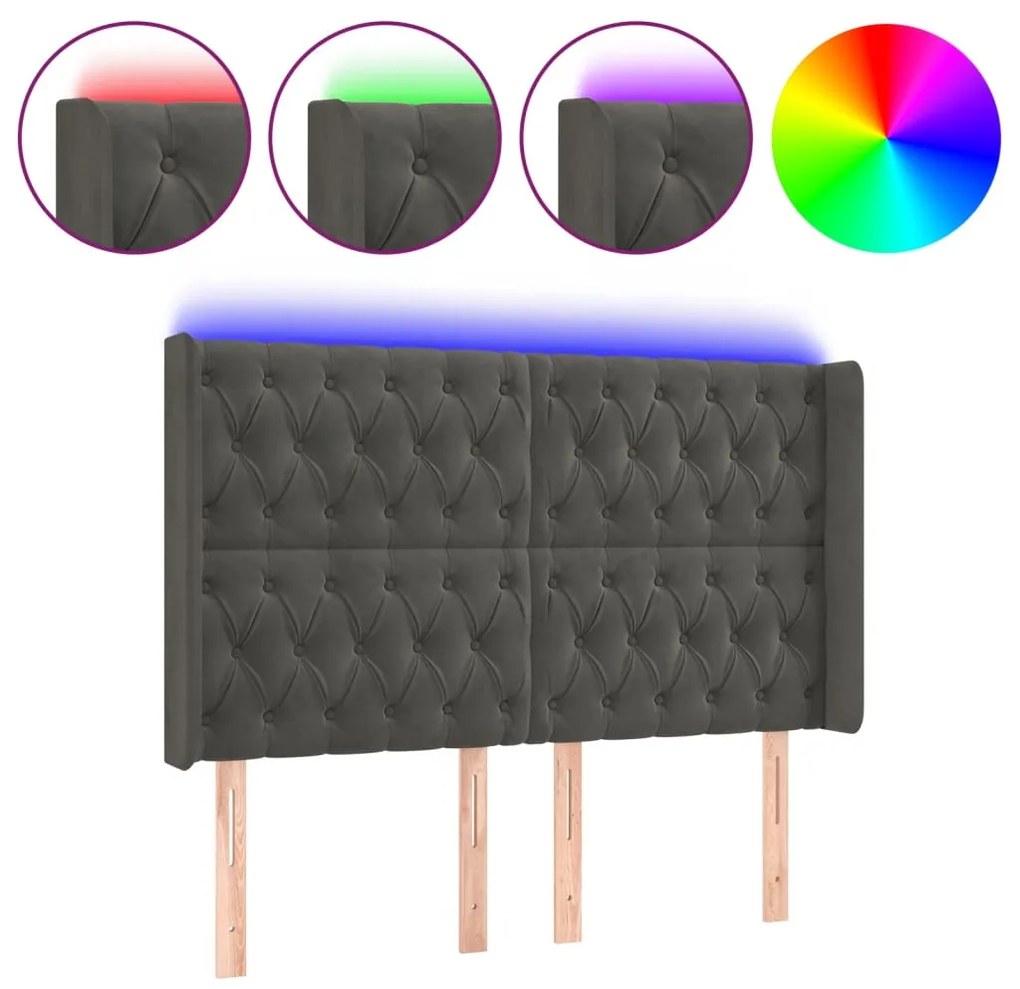 sötétszürke bársony LED-es fejtámla 163x16x118/128 cm
