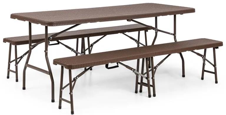Burgos, kerti bútor készlet, háromrészes, asztal+ két pad, acél, HDPE, összecsukható, barna
