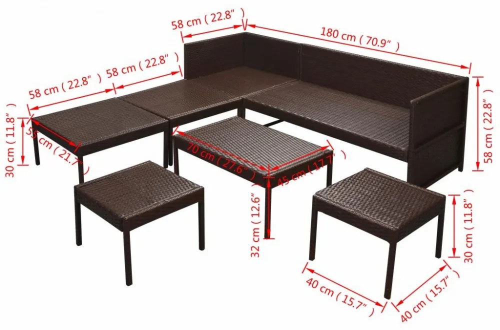 6-részes barna polyrattan kerti bútorszett párnákkal
