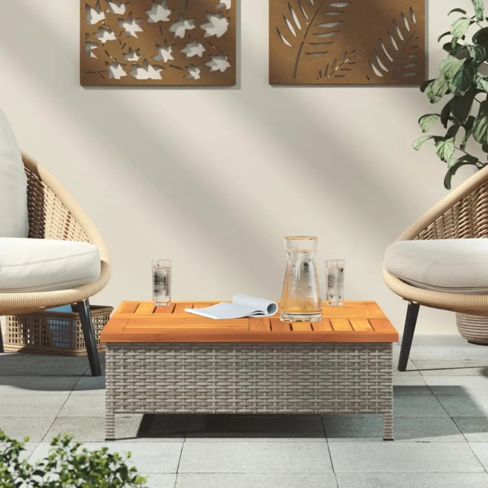 szürke polyrattan és akácfa kerti asztal 70 x 70 x 25 cm