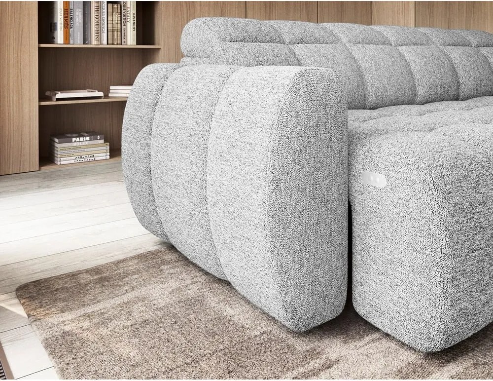 Világosszürke buklé kinyitható-tárolóhelyes sarokkanapé (jobb oldali-L alakú) Falconn – ELTAP