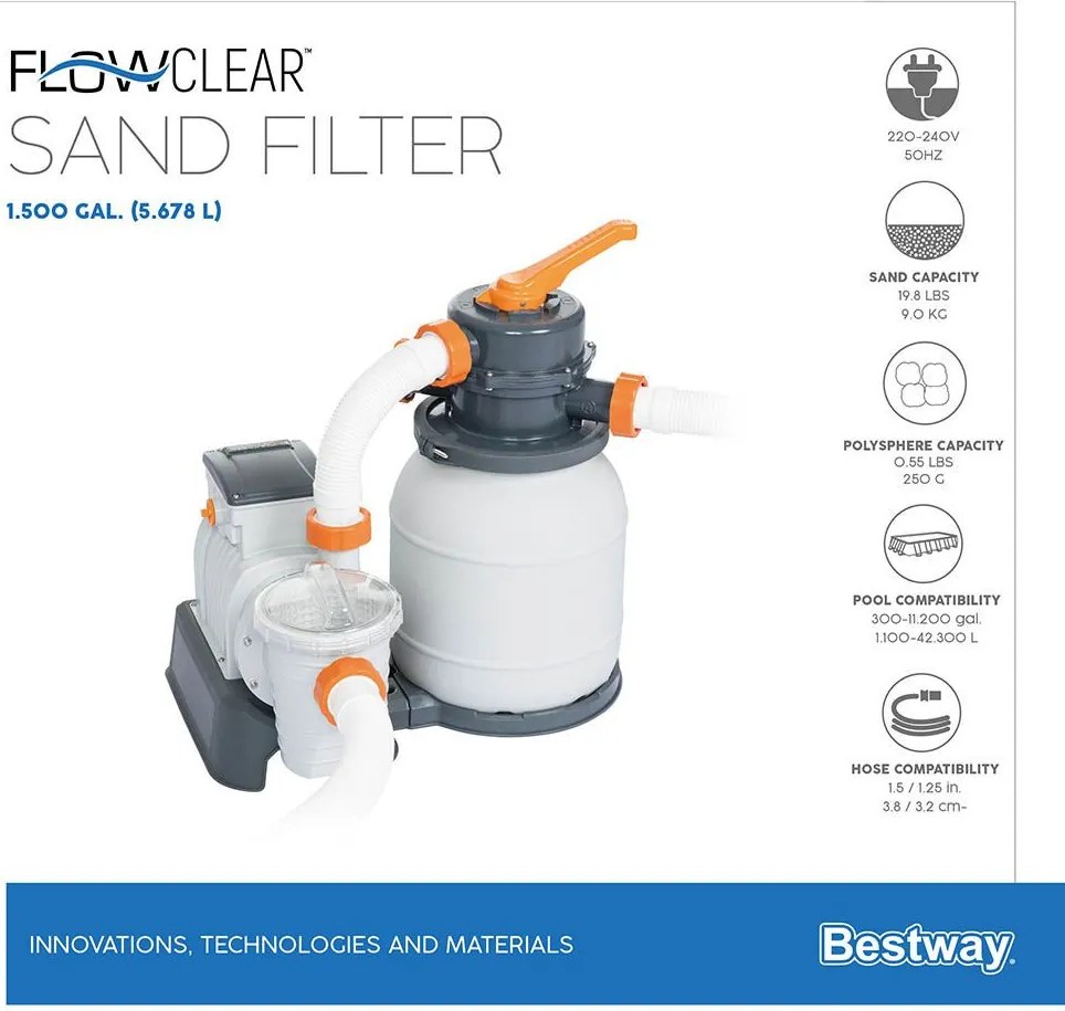 Flowclear Homokszűrős vízforgató 5,6 m³/h, ChemConnect vegyszeradagolóval