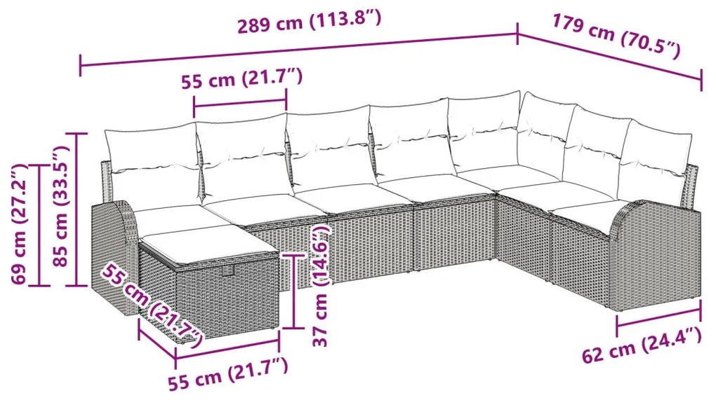 8 Részes Kerti Kanapészett Párnákkal Világos Szürke Poly Rattan