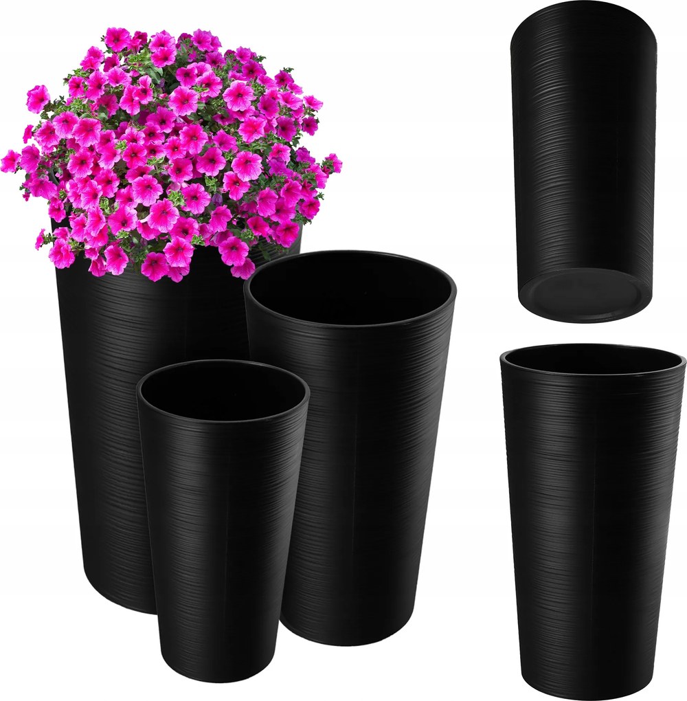 3db-os Virágtartó Szett Kerti Virágtartó Betét Magas Nagy Fekete 37+47+57 cm