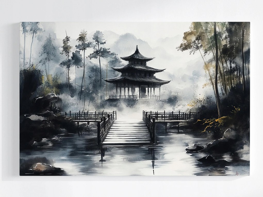 Poszter Japán Ázsia Templom Pagoda Kert Köd 120x80