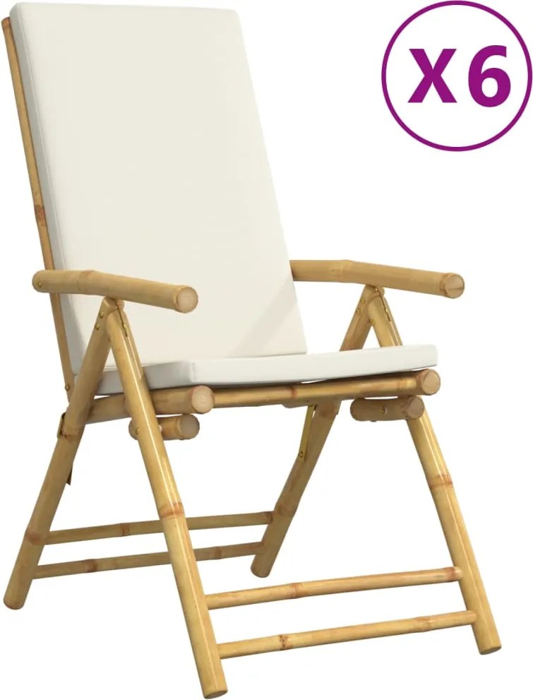 vidaXL 6 db bambusz összecsukható dönthető kerti szék krém párnával