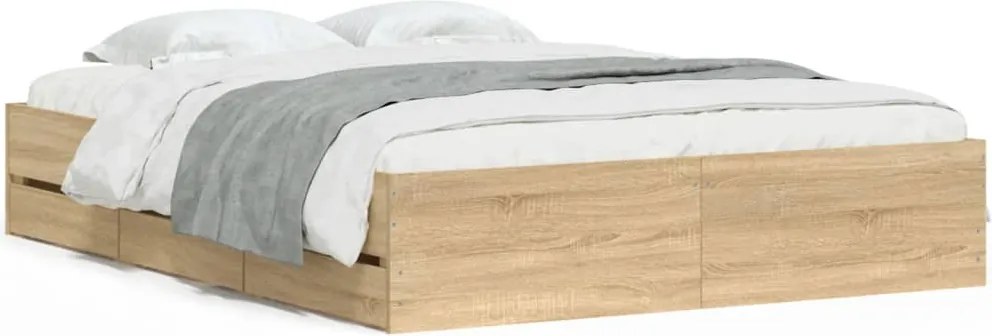 vidaXL sonoma tölgy színű szerelt fa ágykeret fiókokkal 150 x 200 cm