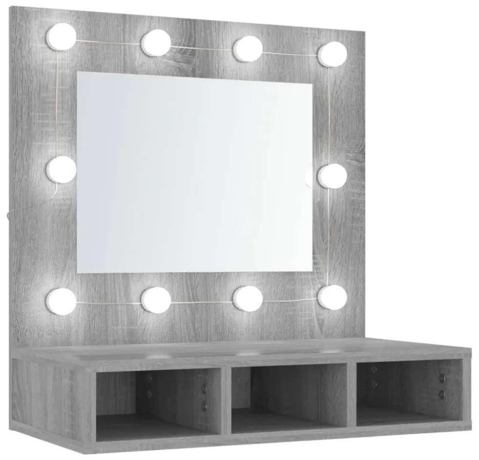 szürke sonoma színű tükrös szekrény LED-ekkel 60 x 31,5 x 62 cm