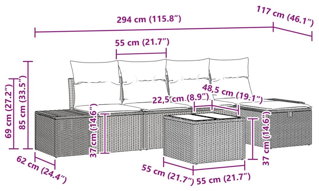 6 Darabos Kert Kanapé Készlet Párnákkal Szürke Poli Rattan