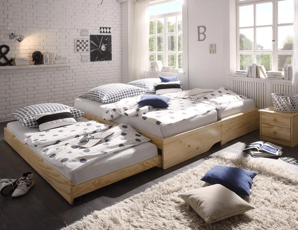 Ágy kihúzható pótágyakkal, természetes, tömörfa, 90x200, FLOPY