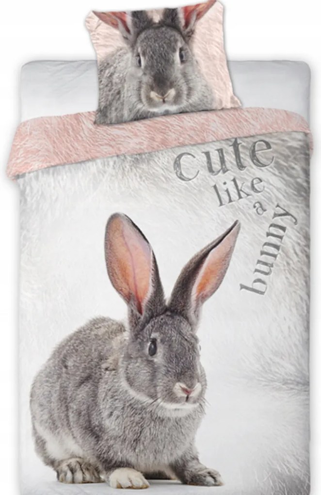 Ágyneműhuzat 140x200 70x90 Nyúl Szürke Realisztikus Nyomtatott Pamut Cipzár