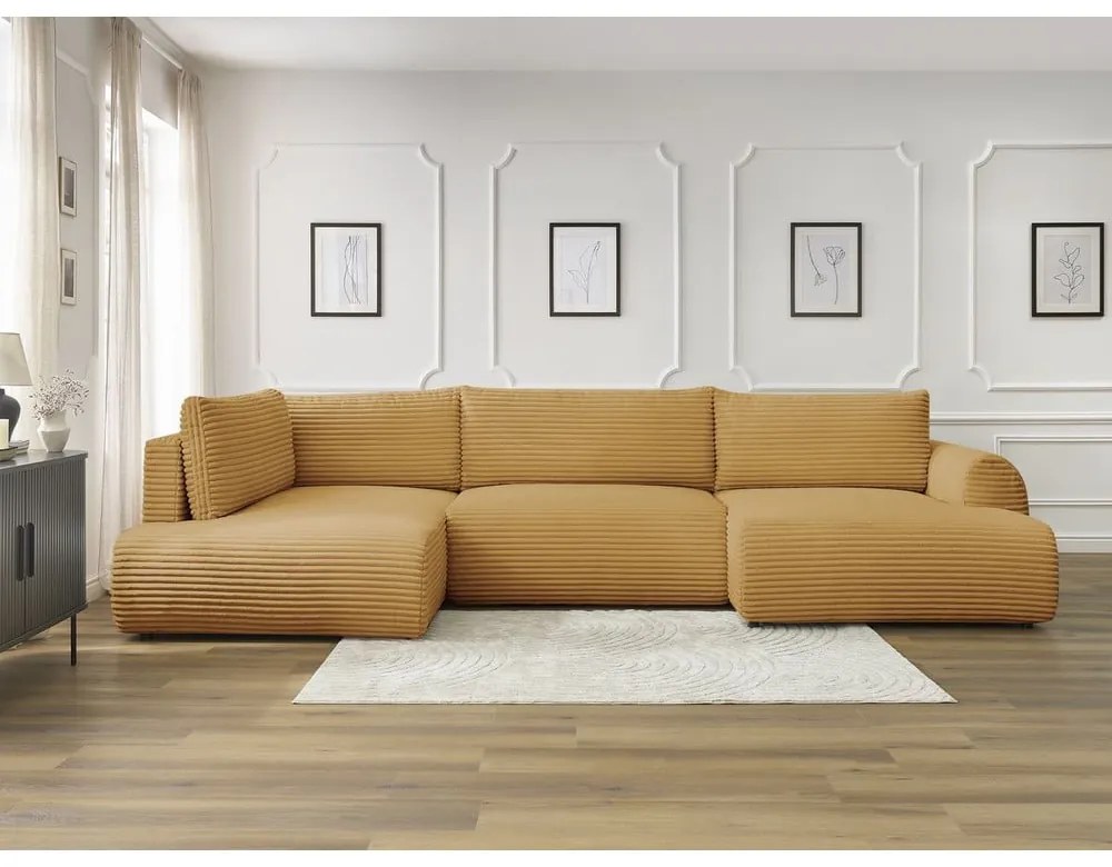 Mustársárga kordbársony kinyitható sarokkanapé (jobb oldali-U alakú) Lucien – Bobochic Paris