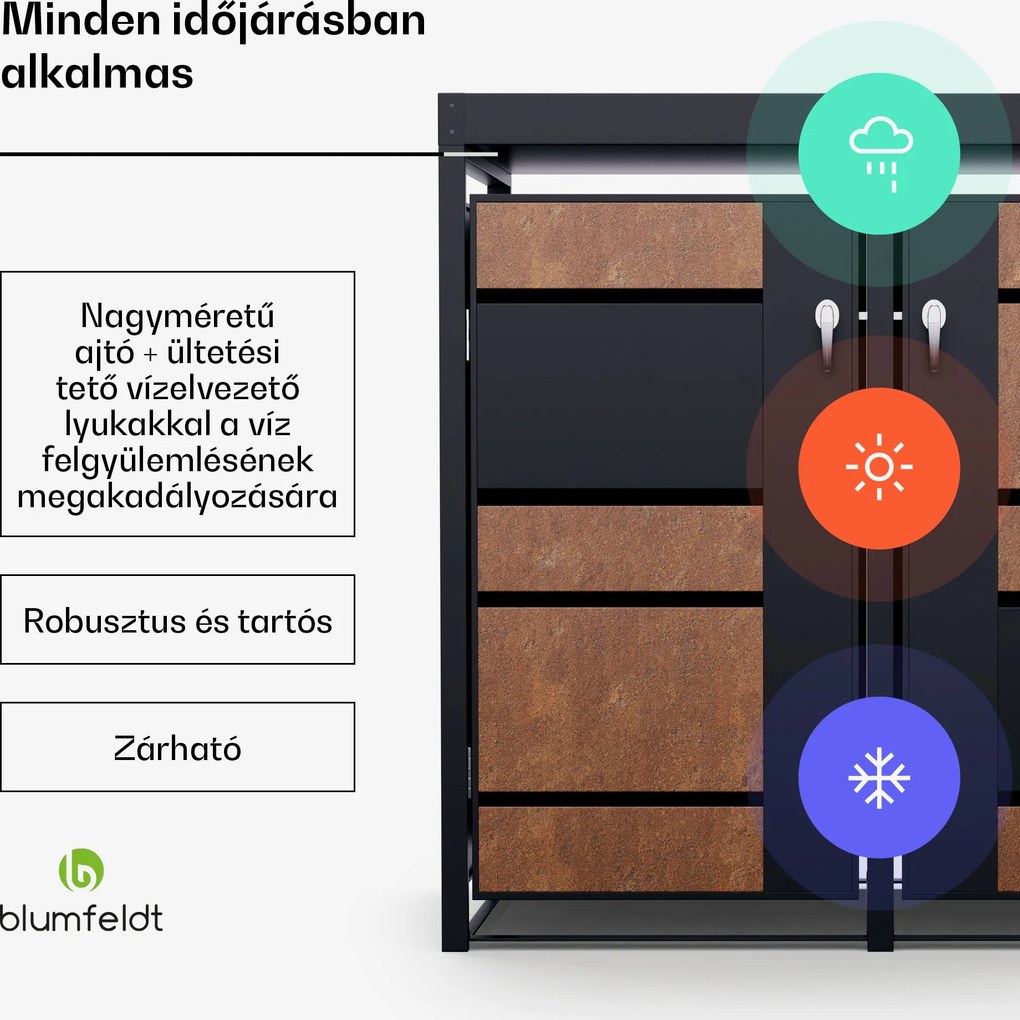 Blumfeldt BinSafe, szemétkosár tároló doboz, 2 szemétkosár, 240 l, zárható, időjárásálló horganyzott acél, beültethető tető