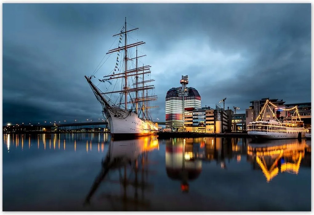 Fotótapéták 200x135 Vitorláshajó a kikötőben éjszaka