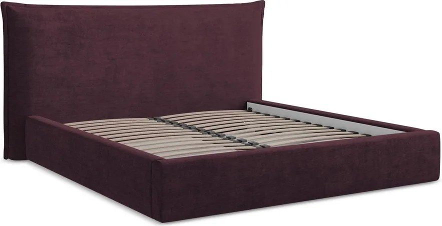 Sötétlila kárpitozott ágyneműtartós franciaágy ágyráccsal 180x200 cm Esala – Makamii