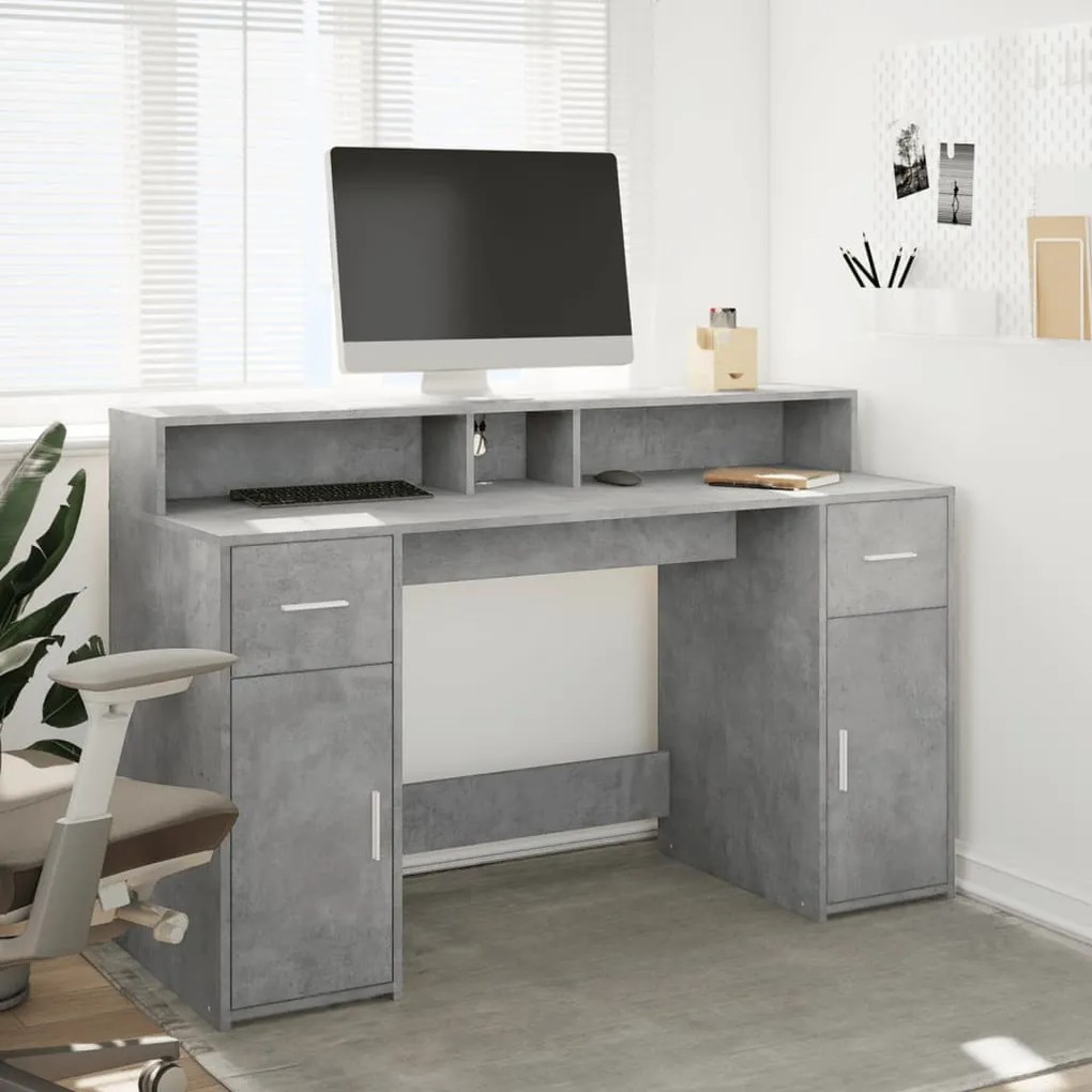 betonszürke szerelt fa íróasztal LED-világítással 140x55x91 cm