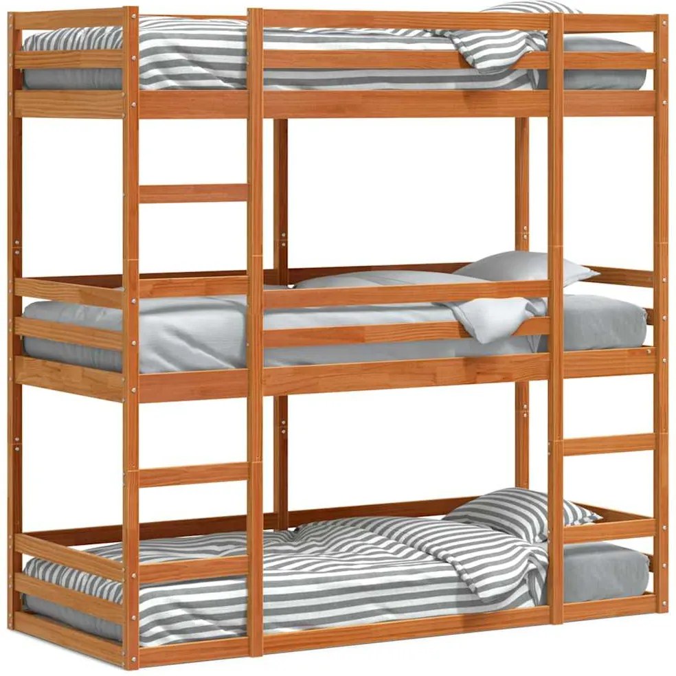 vidaXL viaszbarna tömör fenyőfa háromszintes ágy 90 x 190 cm