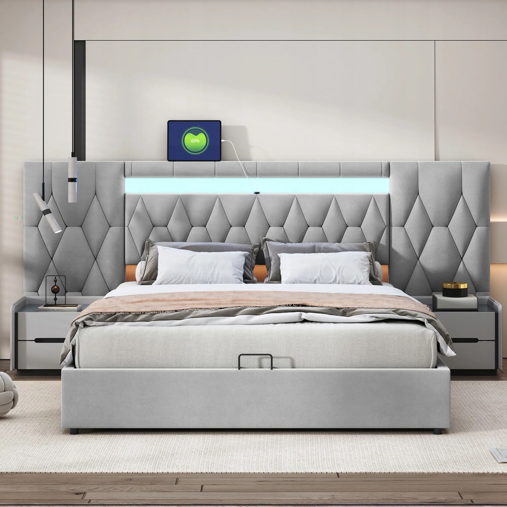 Kárpitozott ágy 160x200 nagy háttámlával Led Usb Hidraulikus szürke