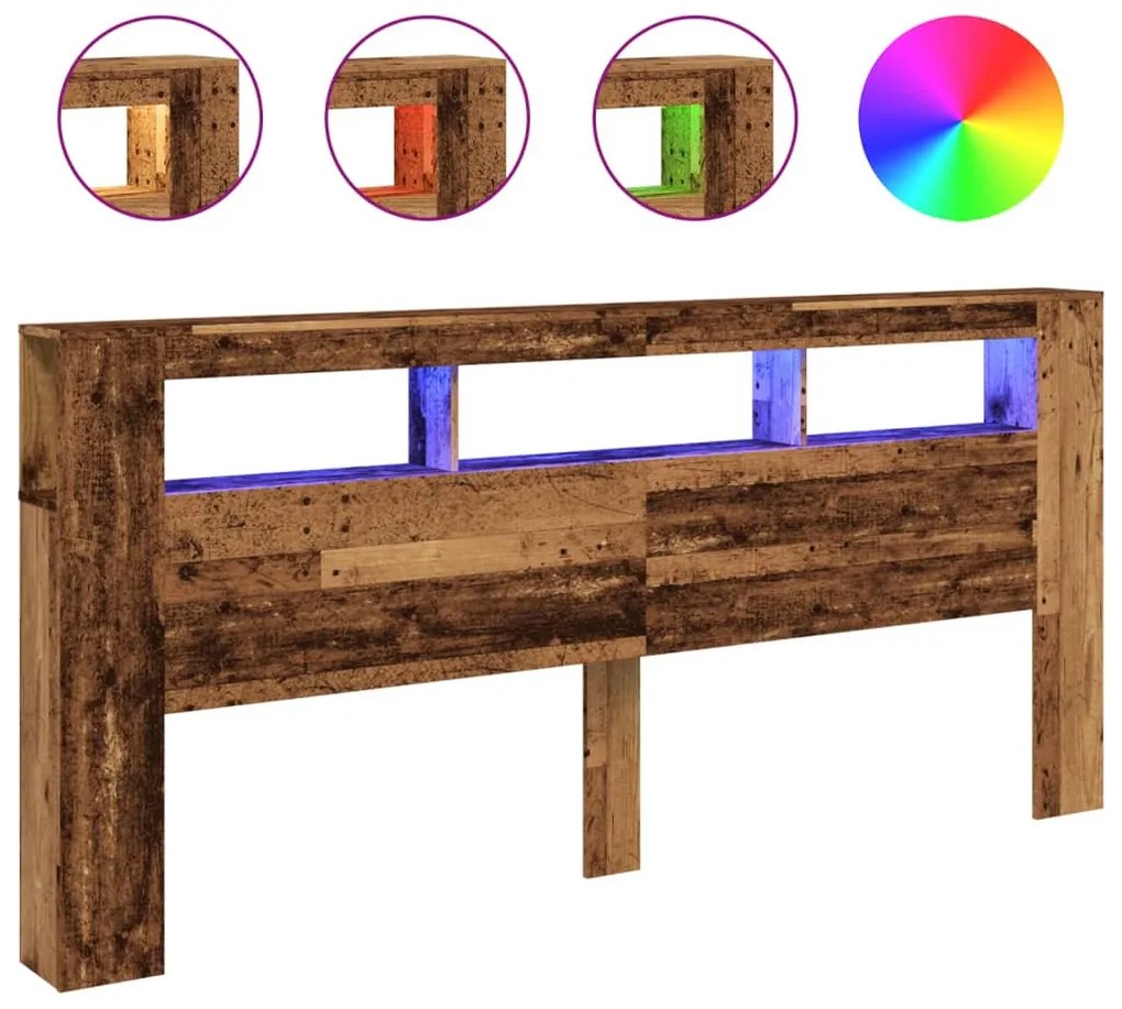 antik fa színű szerelt fa LED-es fejtámla 220x18,5x103,5 cm
