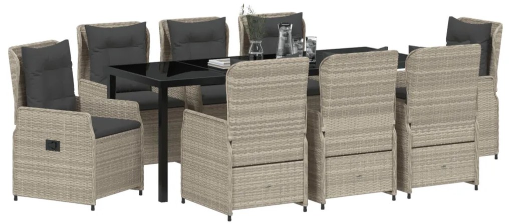 9 Részes Kerti Étkezőszett Világosszürke Poli Rattan, Kerti Asztal Fekete 200x80x73 cm Edzett Üvegből