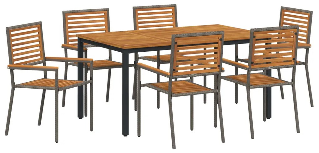 7 darabos Kerti Étkezőszett Szürke Poli Rattan Akácia, Összecsukható Kerti Székek párnázattal 2 db Szürke Poli Rattan, Kerti Asztal 150x90x75 cm Szilárd Akácia Fa és Fém