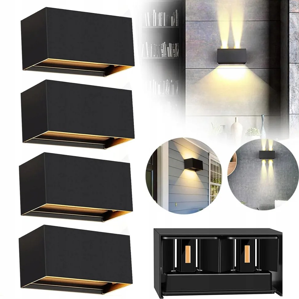 4x Kültéri Led Fali Lámpa Fekete Felső Alsó Állítható IP65 Nappaliba