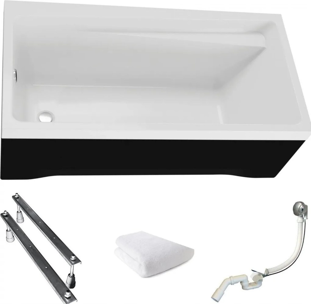 Téglalap alakú kád fekete burkolattal Elza 140x70 Polimat szifon láb törölköző