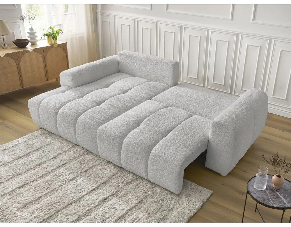 Világosszürke buklé kinyitható-tárolóhelyes sarokkanapé (bal oldali-heverő résszel) Roxelane – Bobochic Paris
