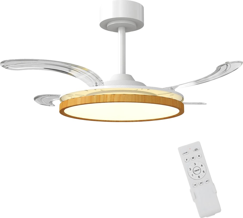 HOMCOM LED mennyezeti ventilátor lámpával, 80 W, fordítható DC motor, csendes, távirányító, 6 sebesség, 3 színhőmérséklet, időzítő, Ø95 cm, natúr | Ao