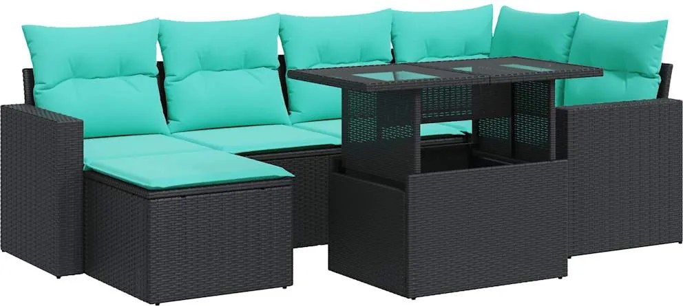 vidaXL 7 részes fekete polyrattan akácfa kerti ülőgarnitúra párnával