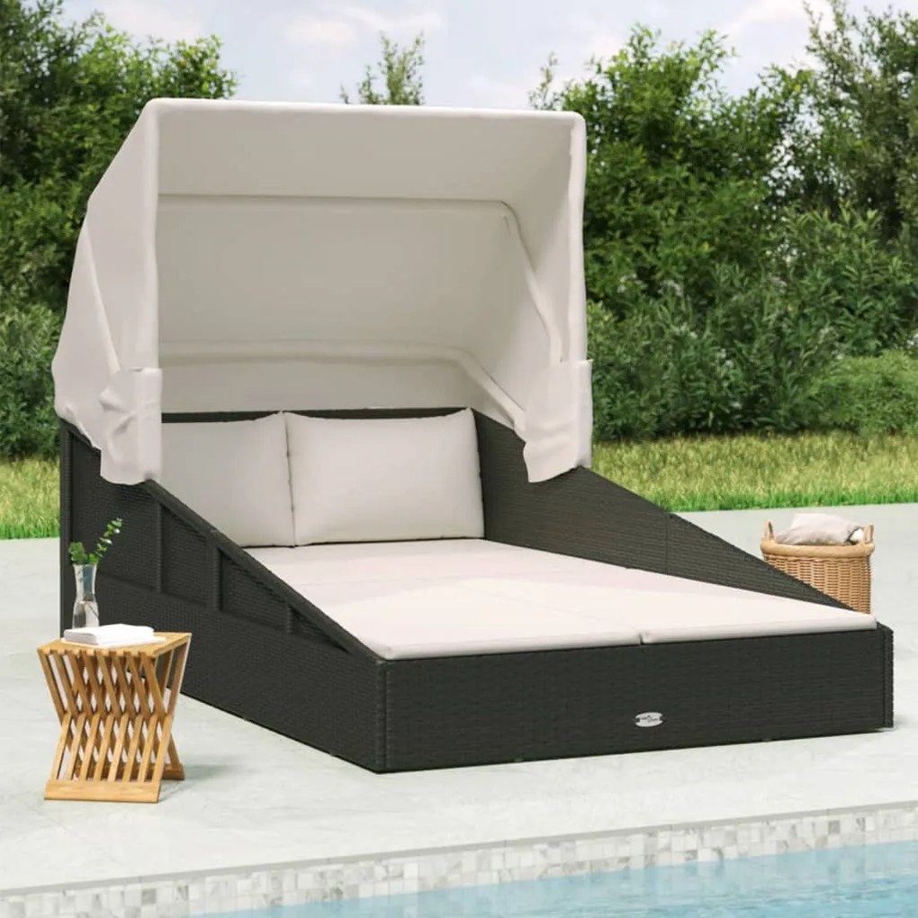 Fekete polyrattan napágy összecsukható tetővel 200x114x128 cm