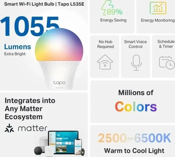 LED RGBW Dimmelhető izzó A60 E27/8,6W/230V 2500-6500K Wi-Fi - TP-Link