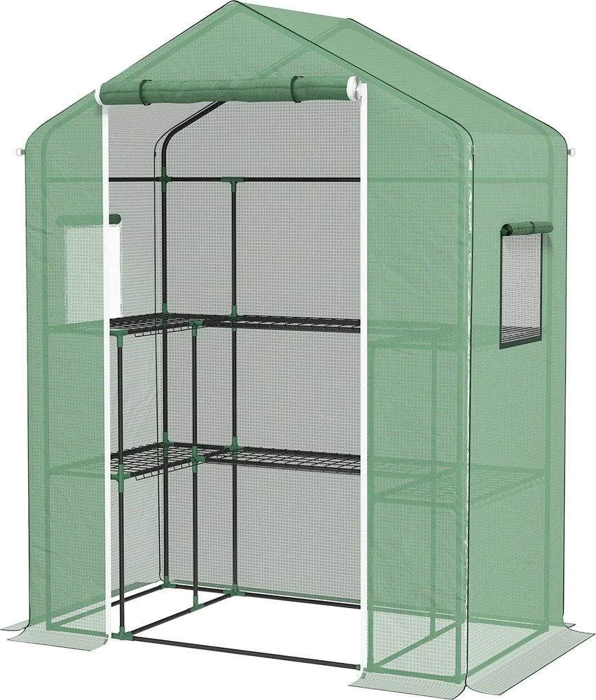 Outsunny Kültéri Üvegház 1 Rolós Ajtóval, 2 Ablakkal és U-Formájú 2-Szintes Polcokkal - Üvegház Növénytermesztéshez Teraszon 140x73x190 cm Zöld | Aoso