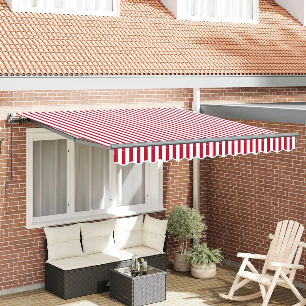 Kézi behúzható napellenző piros és fehér csíkos 350x250 cm