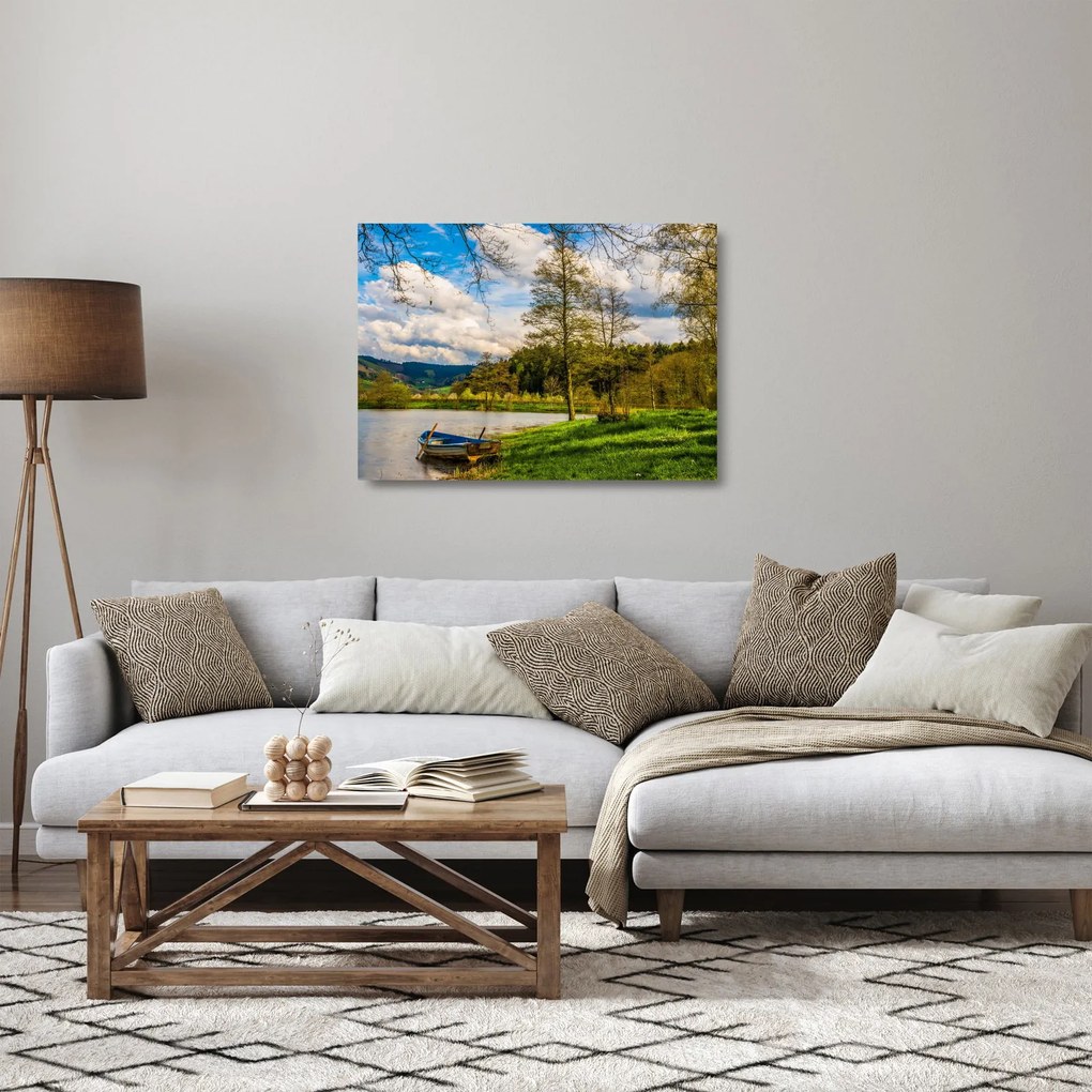 Egy csónak képe a tó mellett (üvegen) (70x50 cm)