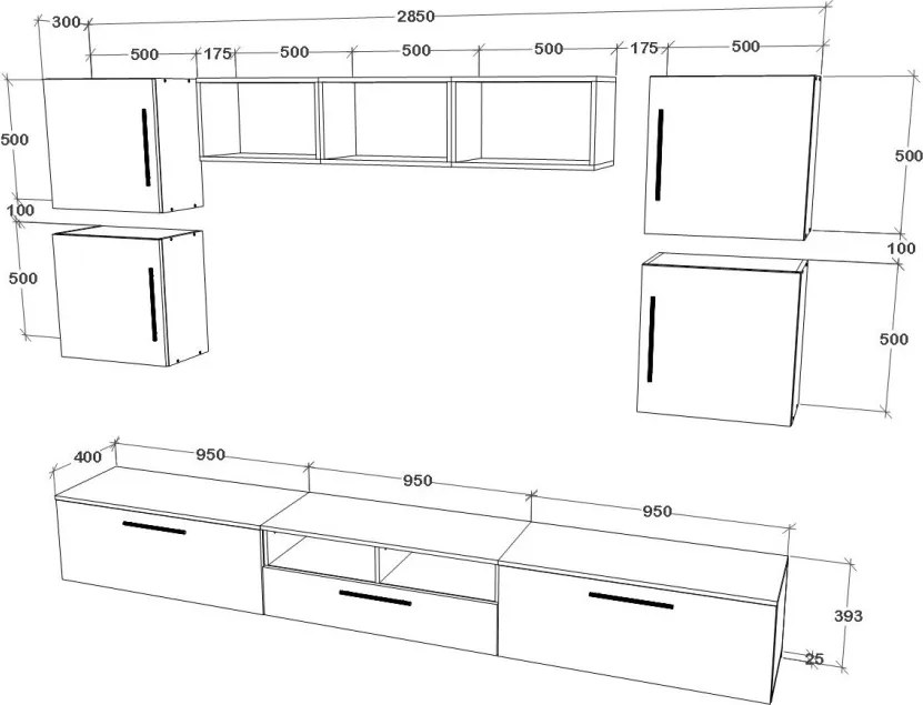 Kos V3 nappali szekrénysor, Fekete / Fényes fehér, MDF, 285 cm