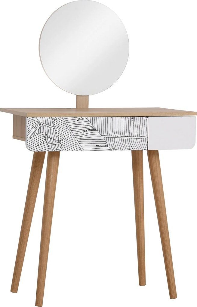 HOMCOM Sminkasztal Kör alakú Tükörrel Ф39cm, Smink Konzol Fiókkal Dzungel Dekorációval, Fehér és Tölgy, 70x39x119-128cm | Aosom